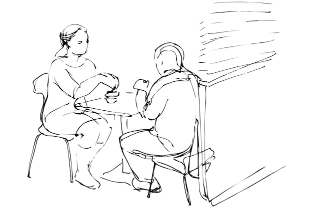 Vectorschets van man en vrouw aan een tafel in een café