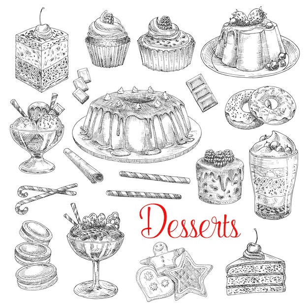 Vectorschetspictogrammen van dessertkoekjes en cakes