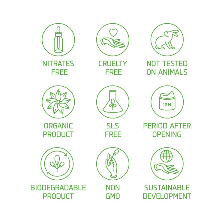 Vectorset logo-badges en pictogrammen voor natuurlijke, milieuvriendelijke handgemaakte producten, biologische cosmetica