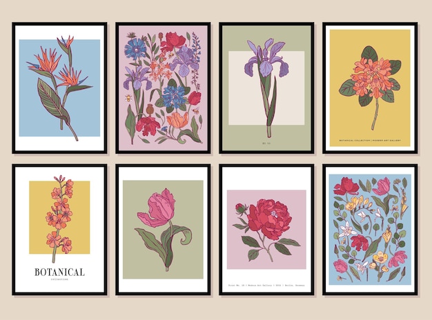 Vectorset van bloemen- en botanische illustraties en bladillustraties in een posterframe