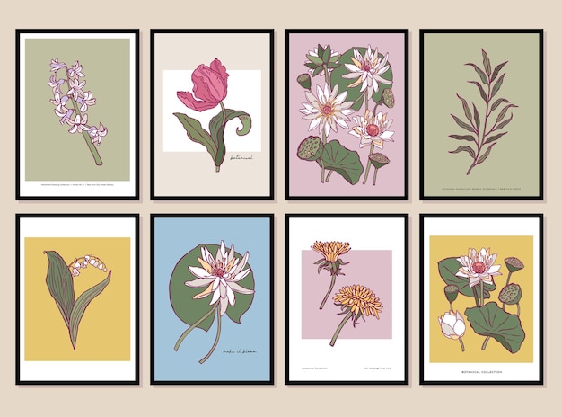 Vector vectorset van bloemen- en botanische illustraties en bladillustraties in een posterframe