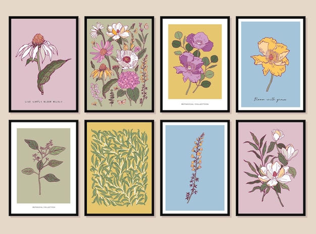 Vector vectorset van bloemen- en botanische illustraties en bladillustraties in een posterframe