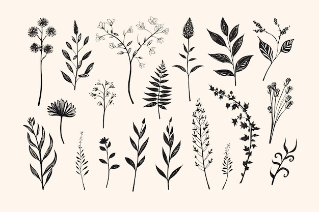 Vectorset van handgetekende planten platte vectorillustratie geïsoleerd op witte achtergrond