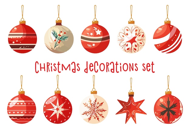Vector vectorset van kerstballen en decoraties geïsoleerd op witte achtergrond