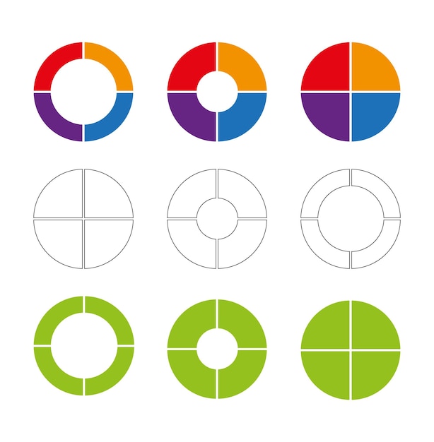 Vectorset van vier delen van een cirkel Cirkeldiagram met vier sectoren van dezelfde grootte op een witte achtergrond