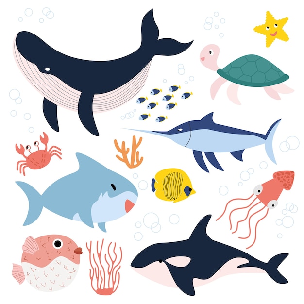 Vectorset van visoctopus, egelvis, zaagvis, exotische vis, orka, walvis, krab, haai.