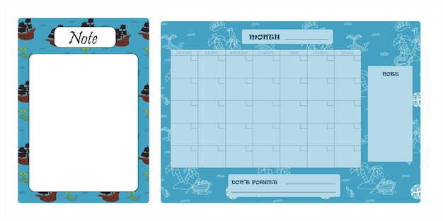 Vectorset van wekelijkse planner om de achtergrond van de notitielijst te doen met doodle piraat print schoolplanner met