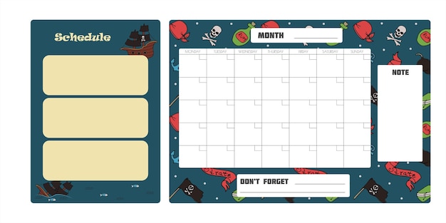 Vectorset van wekelijkse planner om de achtergrond van de notitielijst te doen met doodle piraat print schoolplanner met