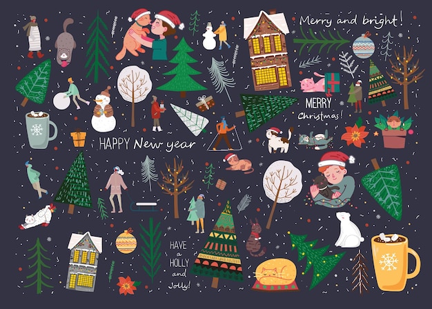 Vectorset van winterkerstbomen en zon, sneeuw, sneeuwvlok, struik, wolk, katten en cadeau voor het maken van eigen nieuwjaars- en kerstillustratiekaarten