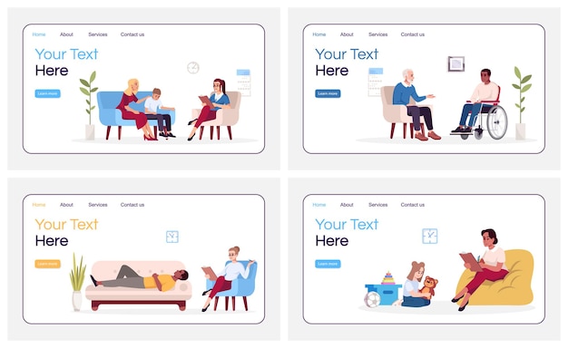 Vectorsjabloon voor bestemmingspagina voor psychologie. praat therapie. psychoanalyse. psychotherapie website-interface idee met platte illustraties. indeling van de startpagina. webbanner, webpagina cartoon concept