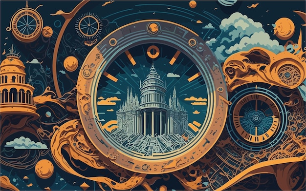 Vector vectorstyle background image that represents the concept of time travel incorporating elements like