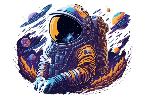 Vector vectorstyle image of astronaut in blackhole astronaut carries many planets in outer space