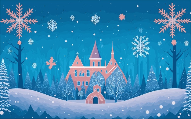 Vector vectorstyled background illustration featuring a magical winter wonderland with snowcovered