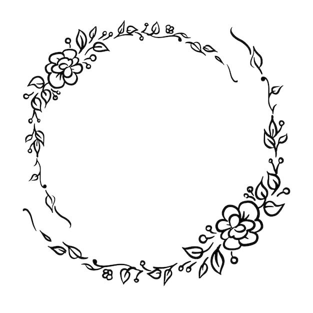 Vectortekening, gekrulde krans van bloemen en takken met bladeren