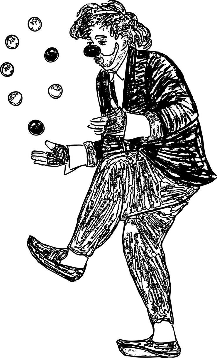Vector vectortekening van een clown die met ballen jongleert
