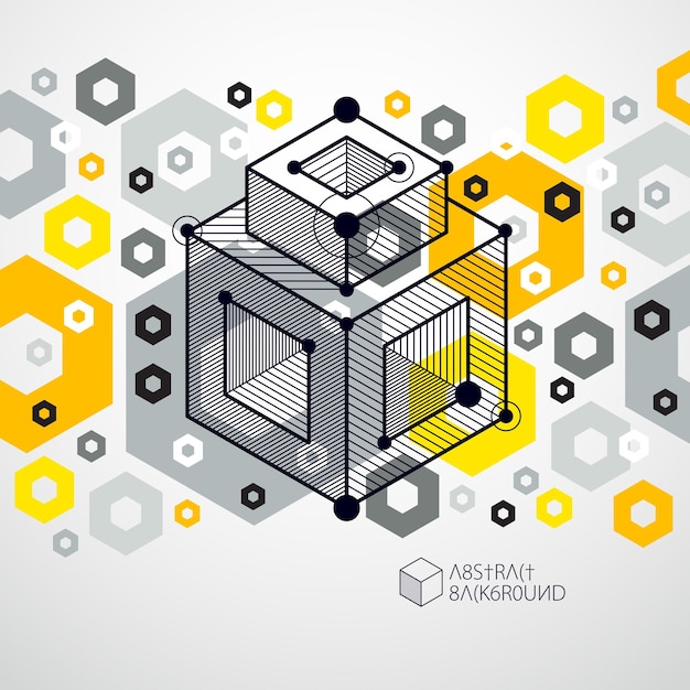 Vectortekening van geel industrieel systeem gemaakt met lijnen en 3D-kubussen. Moderne geometrische compositie kan worden gebruikt als sjabloon en lay-out.