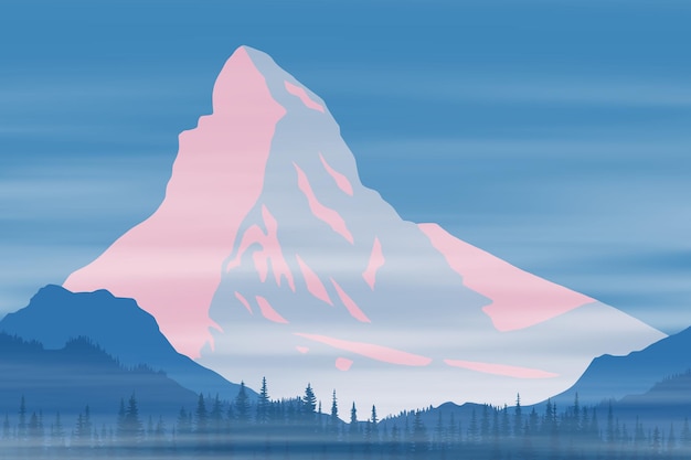 Vectortekening van matterhorn, alpen, dageraadlandschap, piek in de zonsopgang