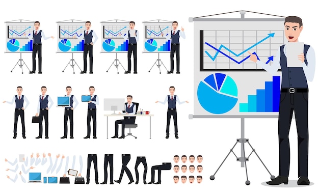 Vectortekenset voor het maken van zakenmannen met mannelijke verkoper die de presentatie van het kaartbord toont