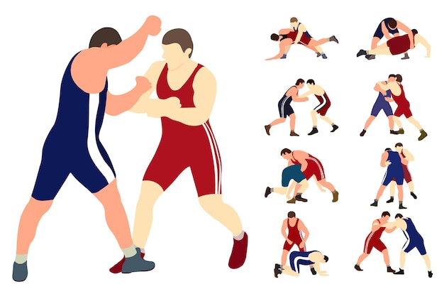 Vectorverzameling van atletenworstelaars in worstelduelgevecht Grieks-Romeins freestyle-worstelen