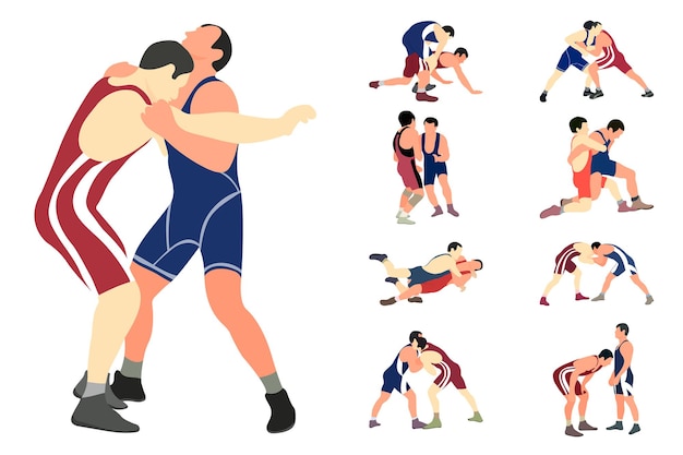 Vectorverzameling van atletenworstelaars in worstelduelgevecht grieks-romeins freestyle-worstelen