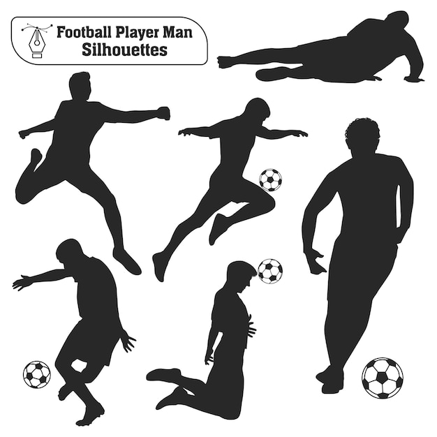 Vectorverzameling van mannelijke voetbal- of voetbalsilhouetten in verschillende poses