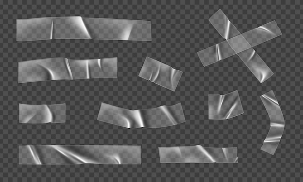 Vectorverzameling van realistische doorzichtige plastic kleverband in verschillende posities