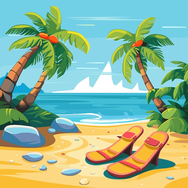 vectorvrij tropisch strand met slippers en strandapparatuur