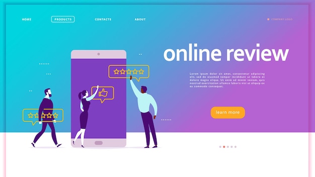 Vectorwebpaginaconceptontwerp met online overzichtsthema. kantoormensen op het smartphonescherm geven sterren, feedback en beoordelingen. duim omhoog, sterren lijn pictogrammen. bestemmingspagina, mobiele app, gebruikersinterface, ux, site.