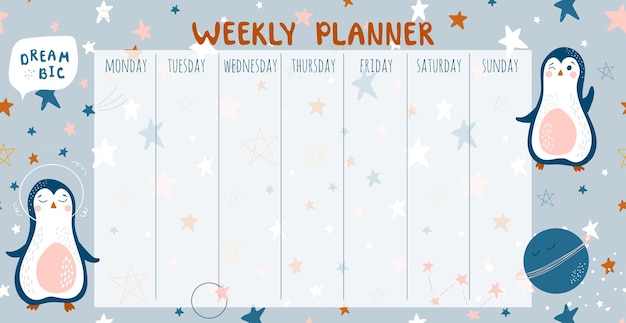 Vectorweekplanner voor kinderen. ontwerpsjabloon plannen. kosmische thema achtergrond.