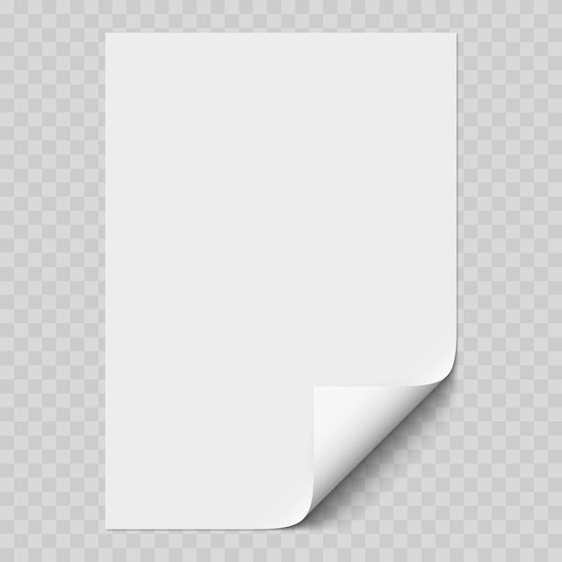 Vector vectorwit realistisch papier pagina mockup met witte hoek gekrulde papierblad gevouwen met zachte transparante schaduwen op lichte achtergrond a4 pagina mock up 3d illustratie sjabloon voor uw ontwerp