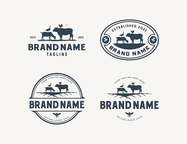 Vee vintage logo met koe, kip, geit, honingbij en eend Premium Vector