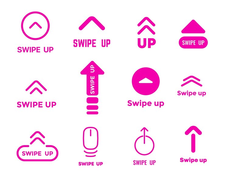 Vector veeg pictogrammen en tekens omhoog pijlknoppen voor scrollen en slepen voor sociale media vectorsymbolen mobiele applicatie-interfaceknoppen om rood roze platte lijnpijlen omhoog te vegen voor ui- en ux-app