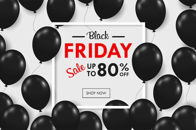 Veel glanzende zwarte ballonnen zweven in het weekend met promotietekstvak BlackFriday