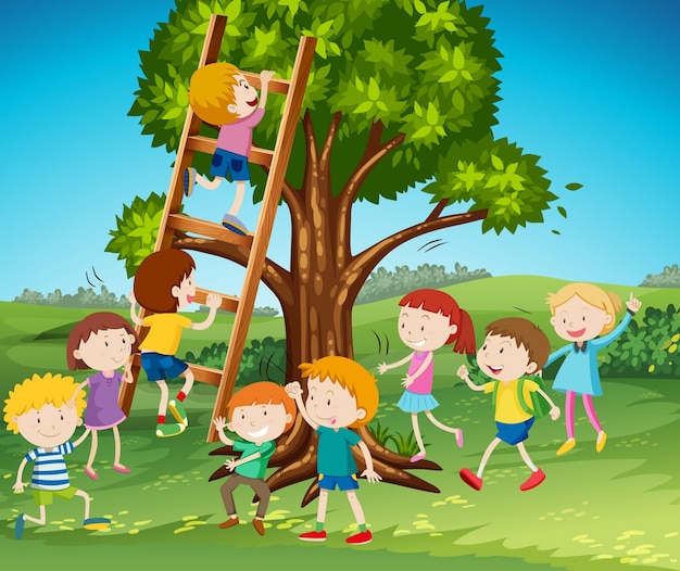 Veel kinderen klimmen ladder in het park