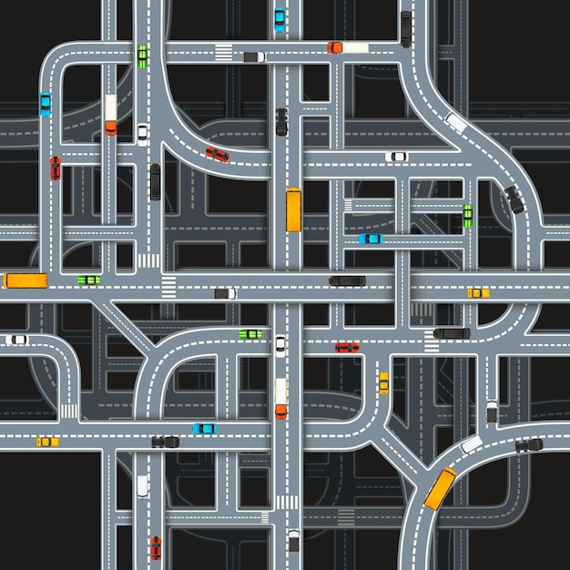 Veel kruispunten op een donkere achtergrond met auto's, bovenaanzicht naadloze patroon