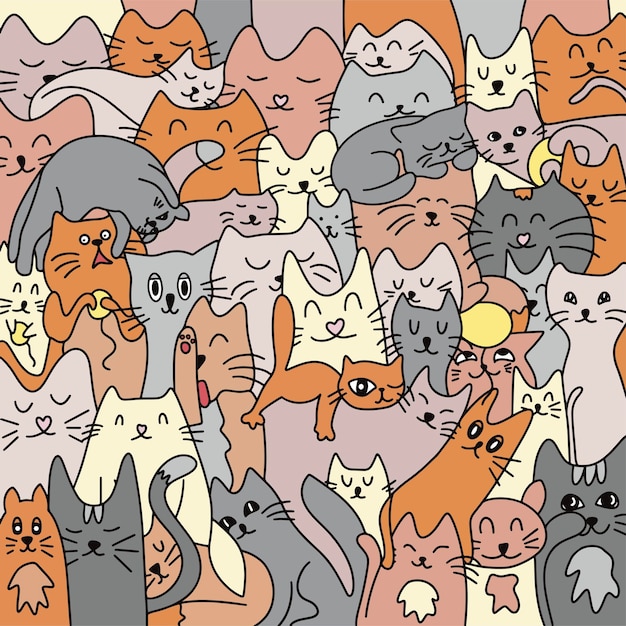 Veel schattige kleurrijke katten Achtergrond van katten Leuke en grappige katten doodle vector set