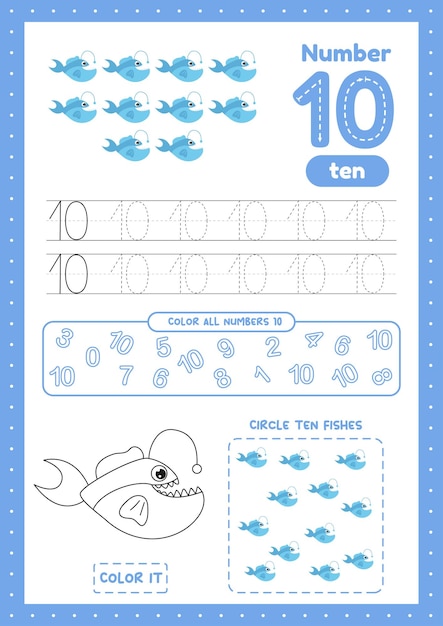Veel spelletjes op één pagina voor het onderwijs aan kinderen Kleurenpagina's tellen vissen traceernummer Werkbladen voor kleuters Leernummer 10xA