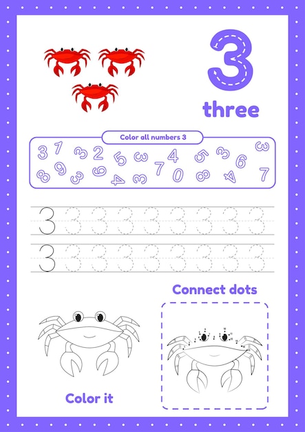 Veel spelletjes op één pagina voor het onderwijs aan kinderen Kleurenpagina van punt tot punt traceren Werkbladen voor kleuters Leernummer 3xA