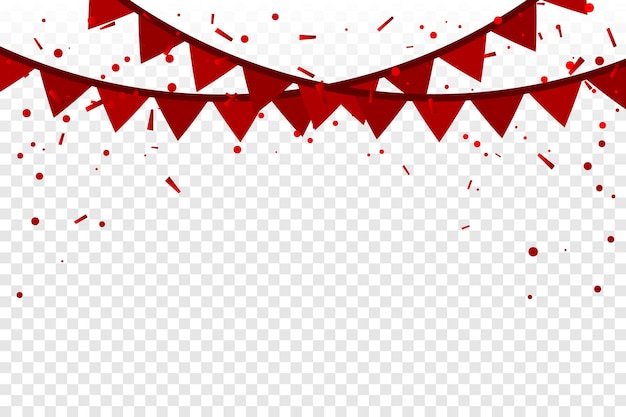 Veel vallende kleine rode confetti en lint vallen geïsoleerd op transparante achtergrond. Vector