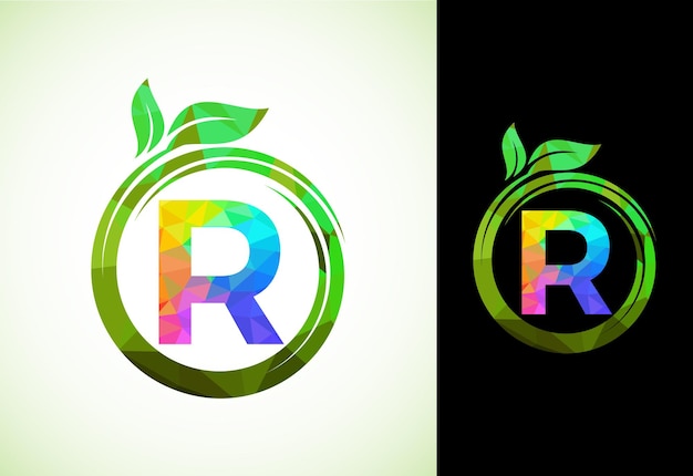 Veelhoekig alfabet R in een spiraal met groene bladeren Natuur pictogram teken symbool Geometrische vormen stijl logo ontwerp voor zakelijke gezondheidszorg natuur boerderij en bedrijfsidentiteit