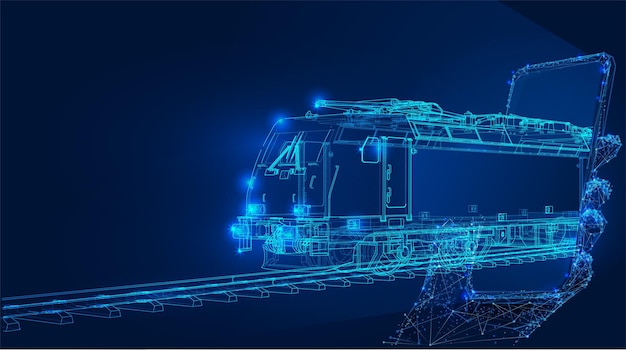 Veelhoekige 3d electro vrachttrein van smartphone op donkerblauwe achtergrond. Online vrachtbezorging.