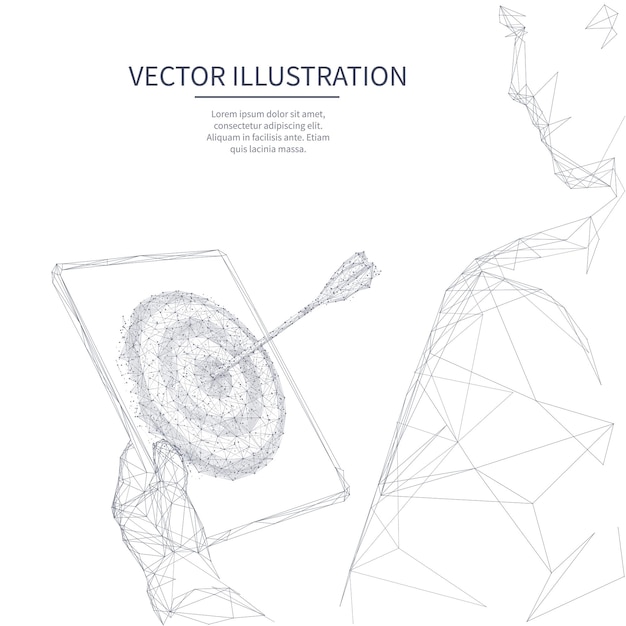 Vector veelhoekige abstracte zakenman met pc-tablet in zijn hand met geïsoleerd doelwit met pijl op het scherm