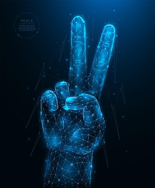 Veelhoekige illustratie van een hand die een gebaar van vrede of overwinning toont op een donkerblauwe achtergrond