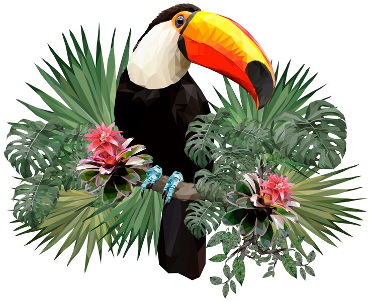 Vector veelhoekige illustratie van toekanvogel en amazonewoudplanten