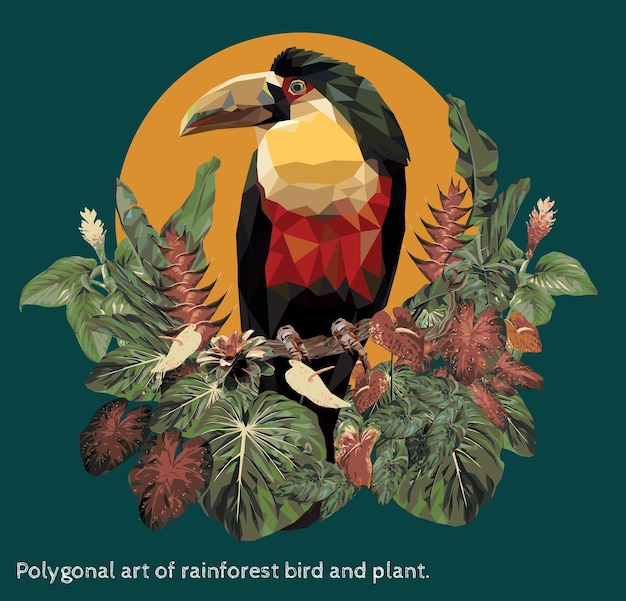 Vector veelhoekige illustratie van toekanvogels met planten uit het amazonewoud