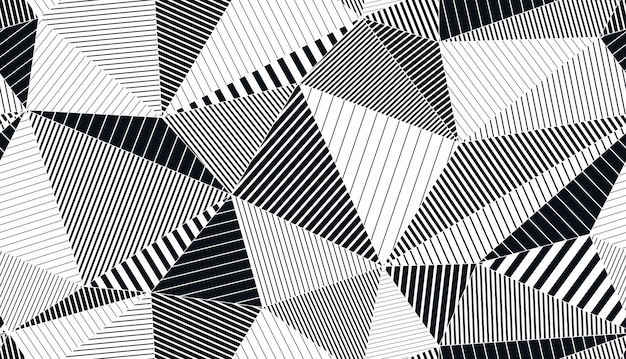 Veelhoekige lineaire zwart-wit naadloze patroon, grafische zwart-wit laag poly gestreepte eindeloze wallpaper achtergrond.