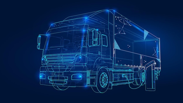 Veelhoekige vectorvrachtwagen op donkerblauwe achtergrond