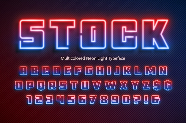 Veelkleurig neonlichtalfabet, extra gloeiend lettertype.