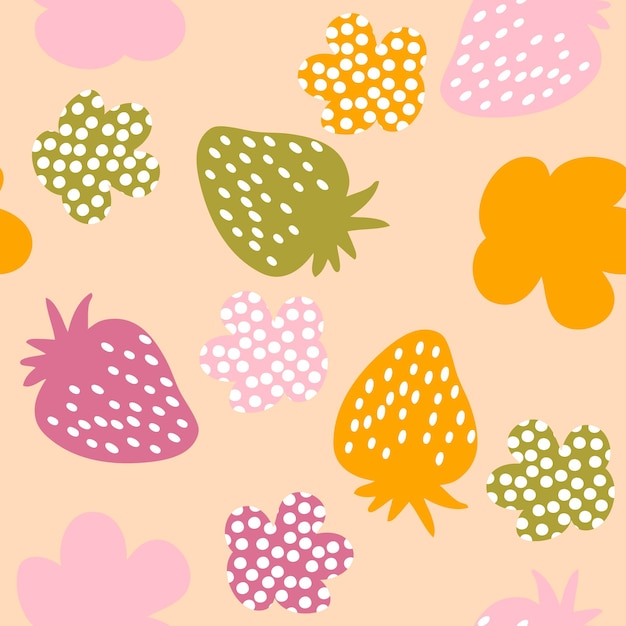 Veelkleurige aardbeien en gevlekte bloemen naadloze patroon Perfect voor Tshirt textiel en prints Hand getrokken vectorillustratie voor decor en design