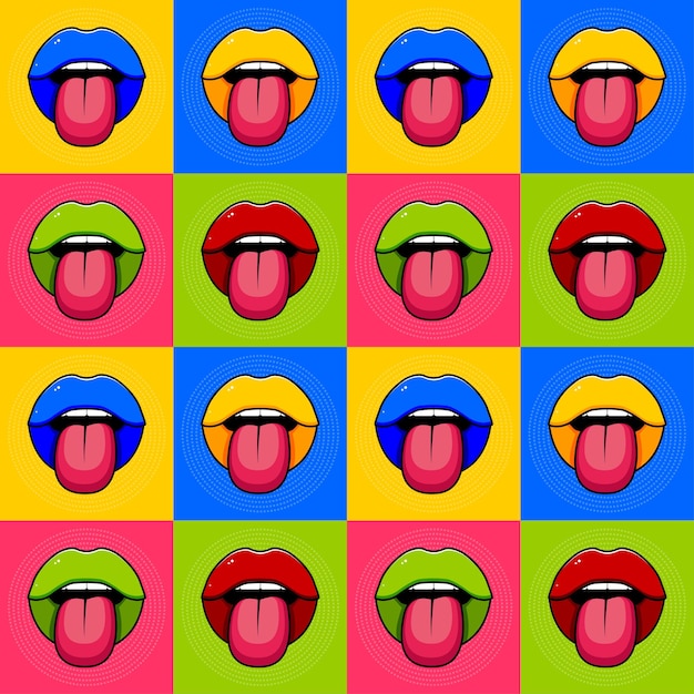 Veelkleurige achtergrond in de stijl van Pop Art Patroon met veelkleurige lippen Retro behang Vector illustratie